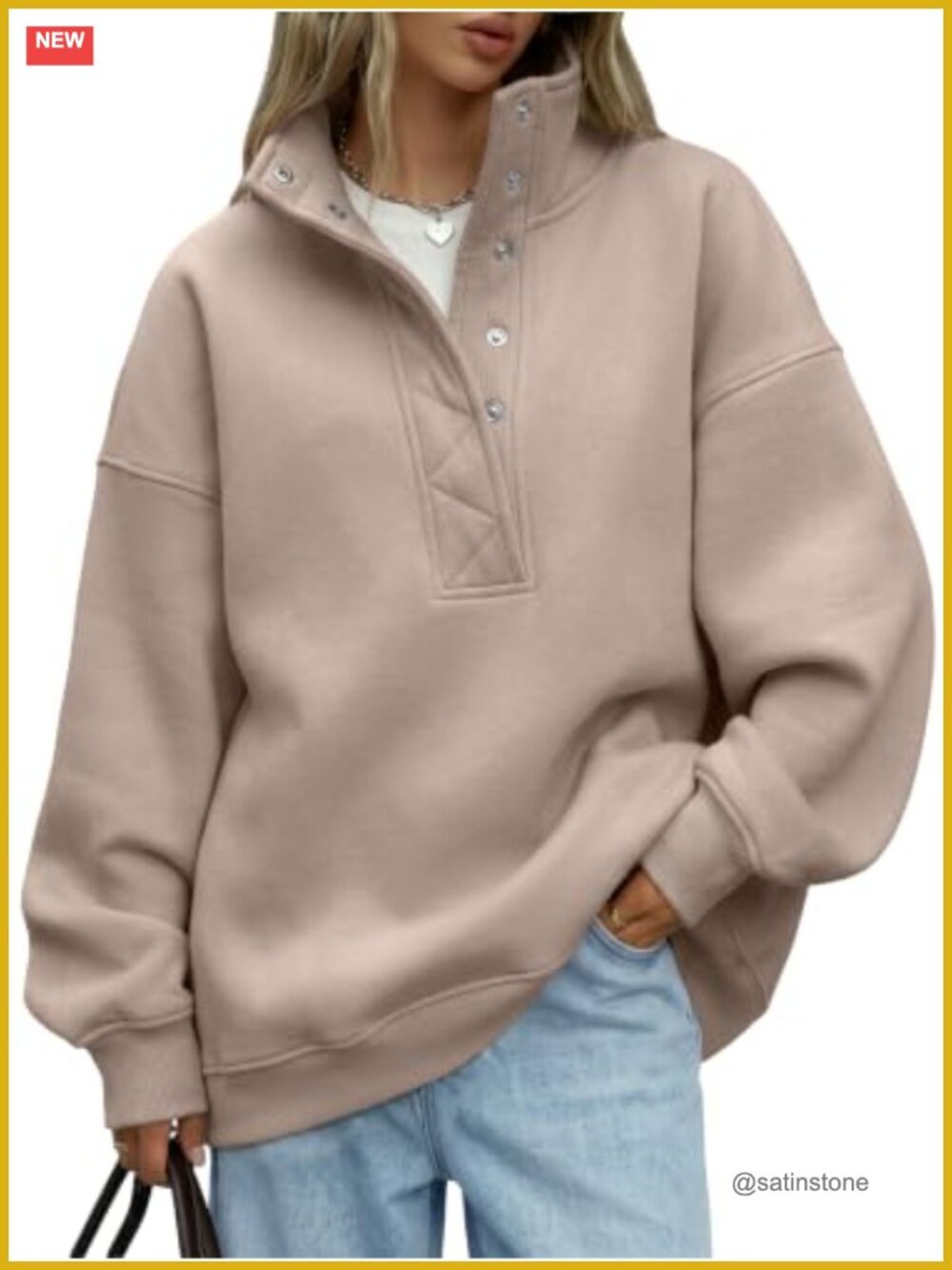 Oversized Henley Snap Button Sweatshirt Womens Cozy Fleece Pullover